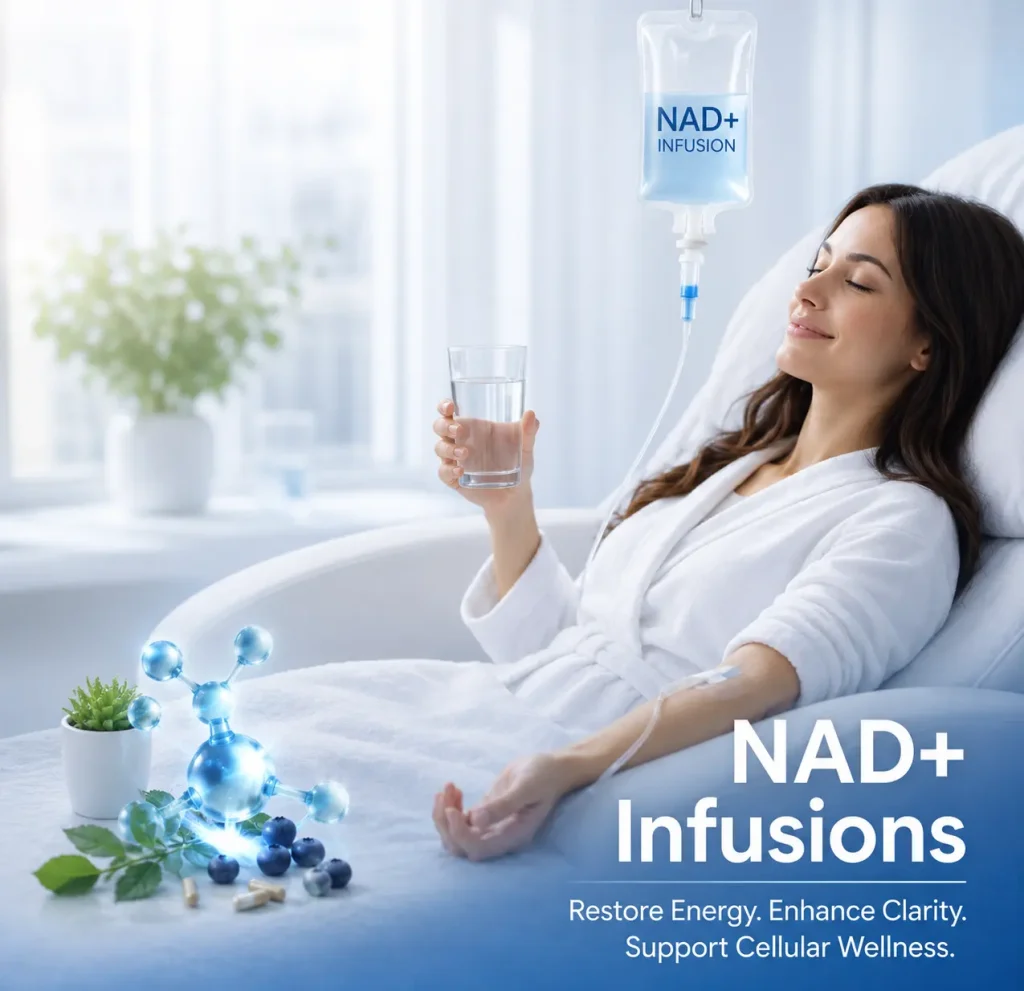 NAD+ infusion therapy treatment in Pasadena featuring a patient receiving IV wellness therapy designed to support energy production, mental clarity, recovery, and healthy aging.