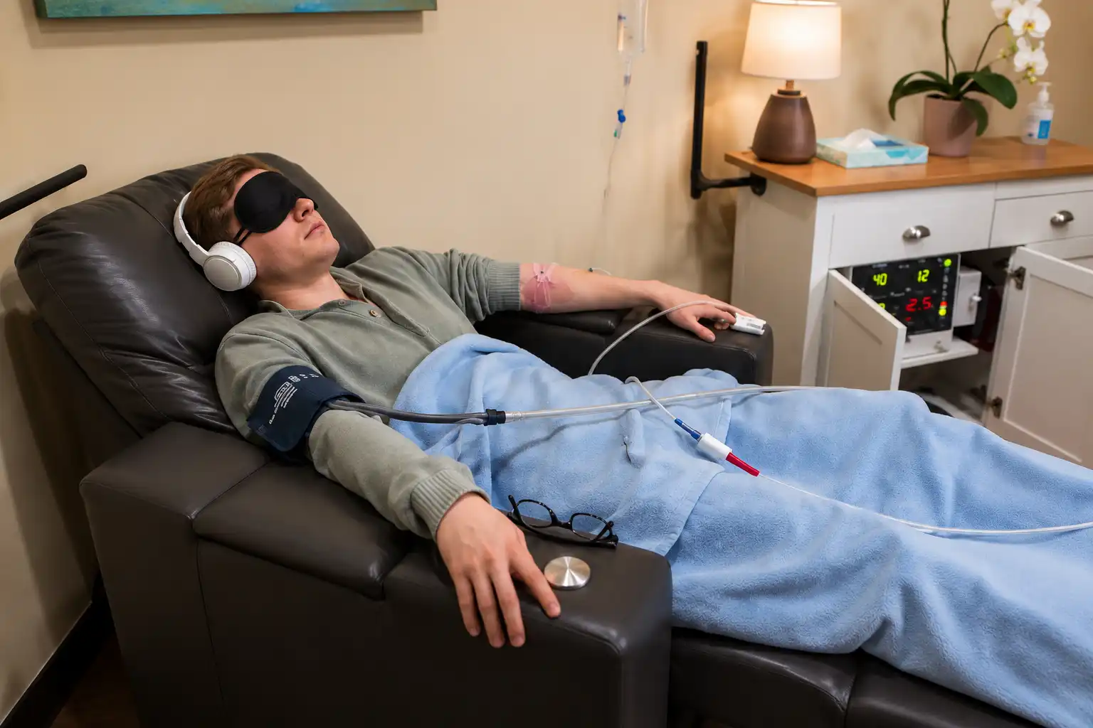 Patient receiving IV ketamine therapy in a supervised treatment room at SoCal Infusions in Pasadena