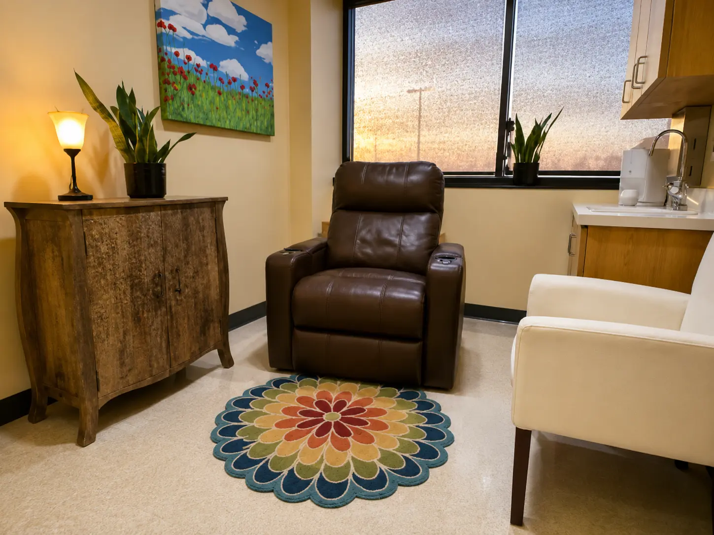 Private ketamine therapy room at SoCal Infusions in Pasadena, set up for a supervised infusion