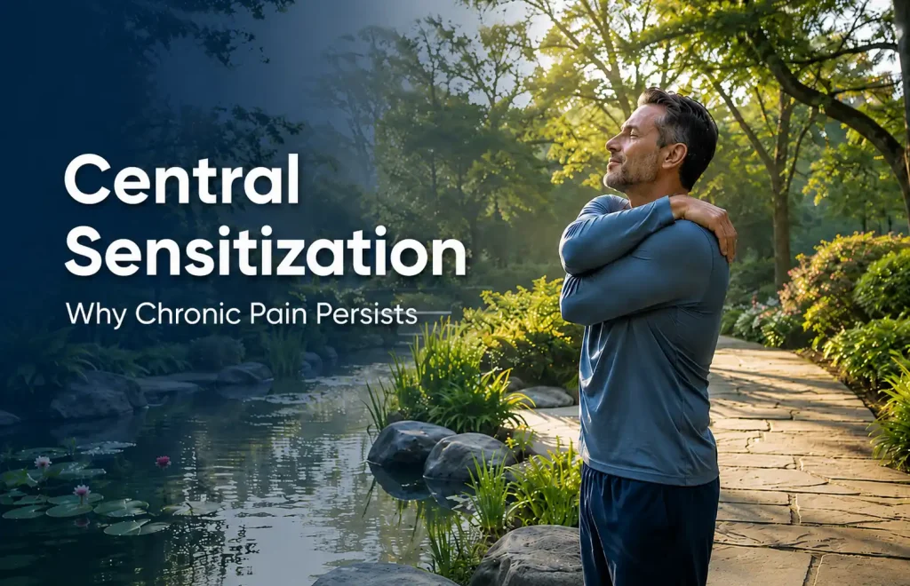 Man stretching in a peaceful garden beside a pond with text reading “Central Sensitization: Why Chronic Pain Persists.”