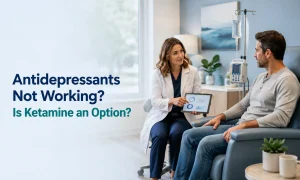 Healthcare provider discussing antidepressants not working and ketamine therapy options with a patient.