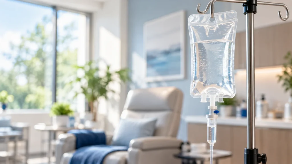 Inflamed gout treatment support: IV hydration bag used during flare recovery