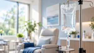 Inflamed gout treatment support: IV hydration bag used during flare recovery