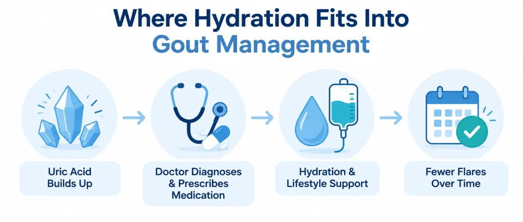 Infographic showing how hydration fits into inflamed gout treatment and uric acid management